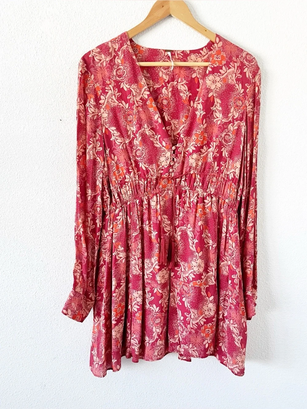 Free People Stealing Fire Boho V-Neck Tunic Long Sleeve Mini Dress